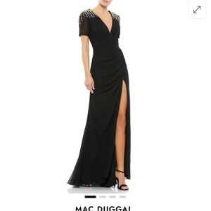 Mac Duggal Black Sequined Embellished Shoulder Evening Gown